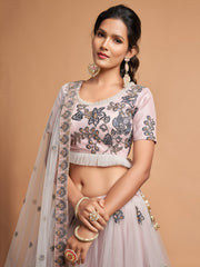 Blush Pink Lehenga Choli with Floral Embroidery and Sheer Dupatta