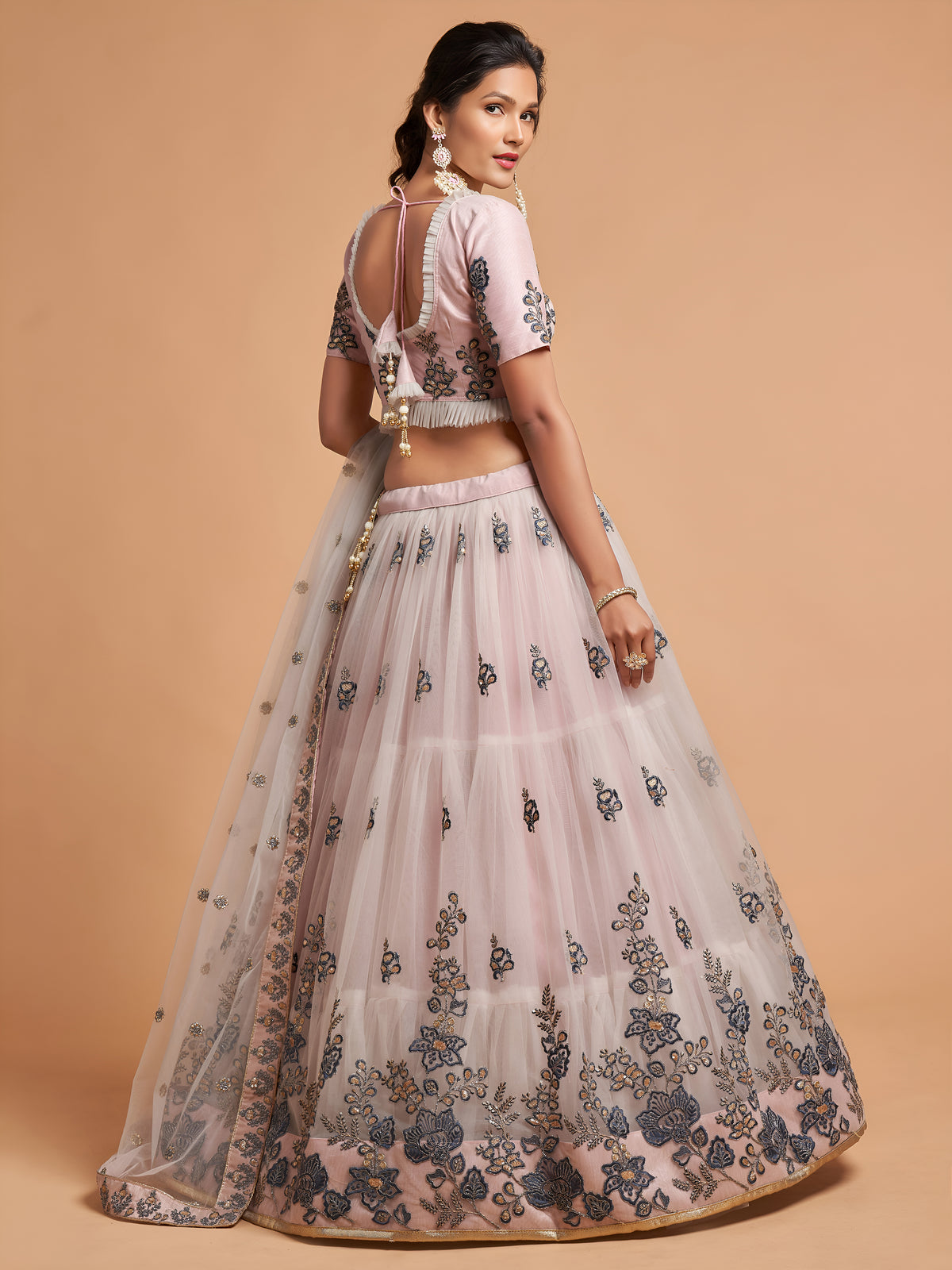 Blush Pink Lehenga Choli with Floral Embroidery and Sheer Dupatta