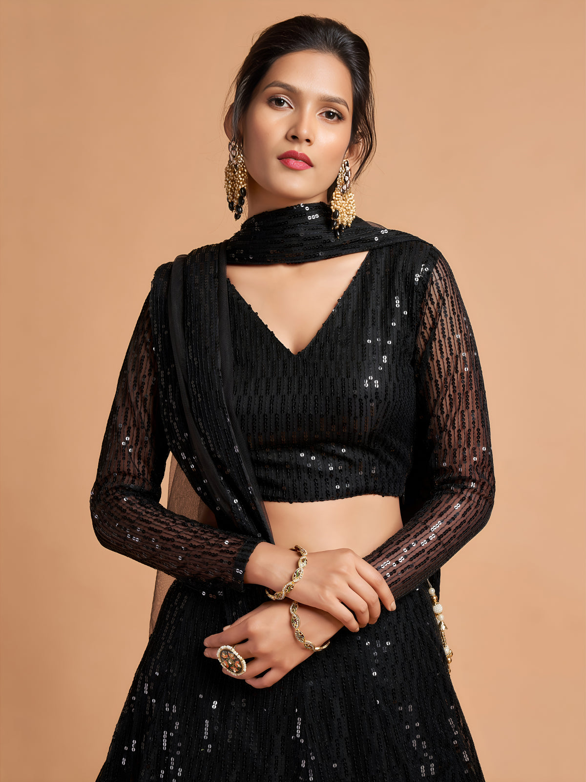Black Sequins Lehenga Choli with Sheer Dupatta – Party Wear