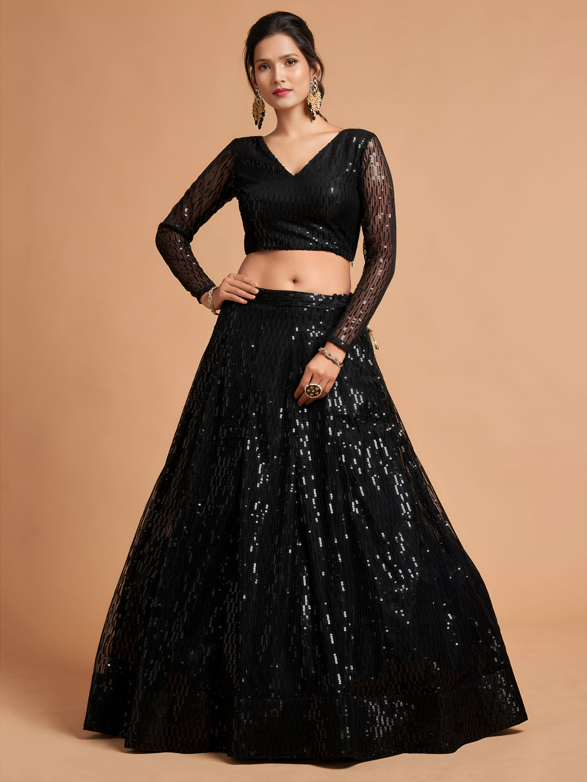 Black Sequins Lehenga Choli with Sheer Dupatta – Party Wear
