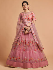 Dusty Rose Pink Floral Embroidered Lehenga Choli with Dupatta