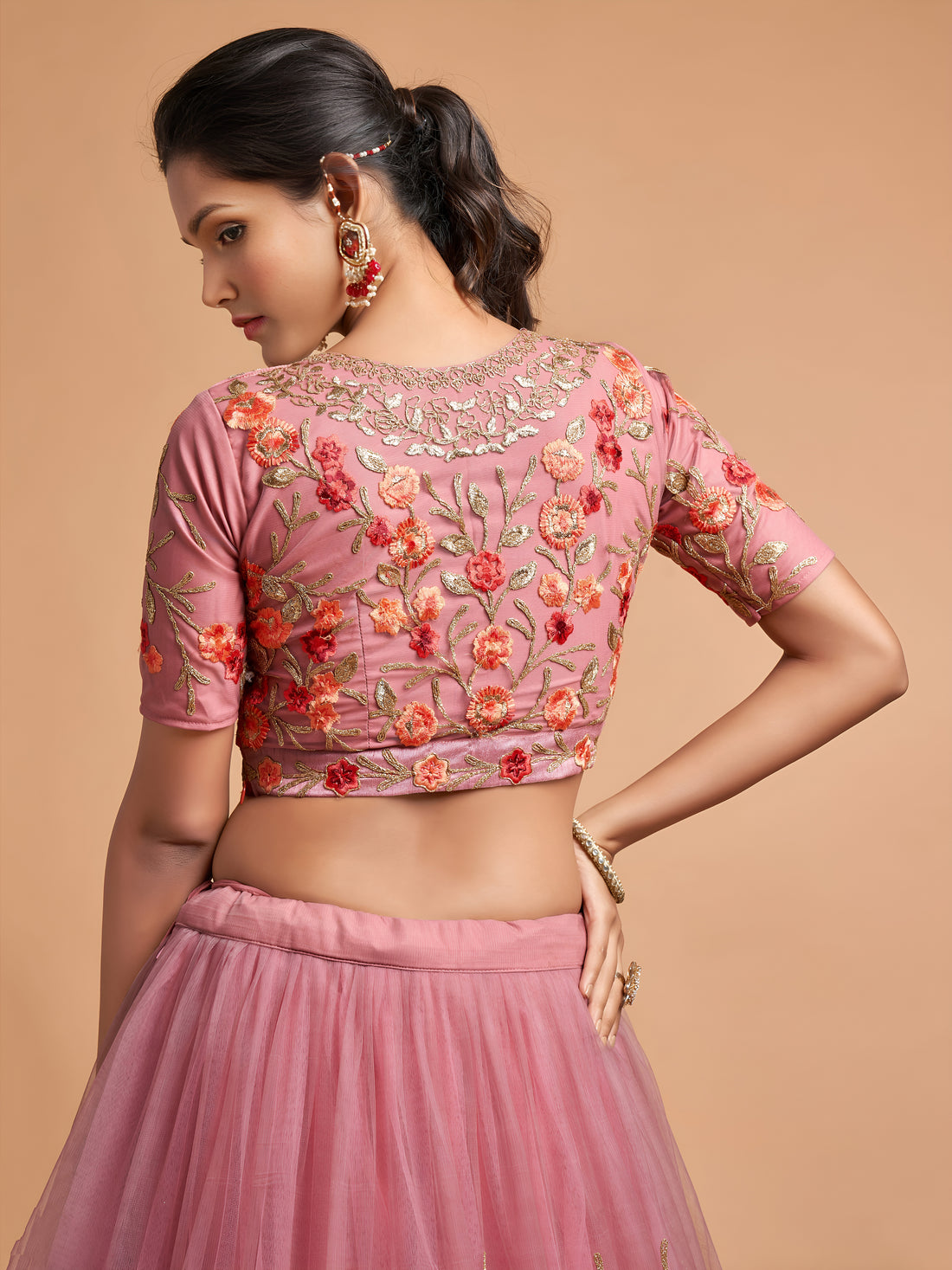 Dusty Rose Pink Floral Embroidered Lehenga Choli with Dupatta