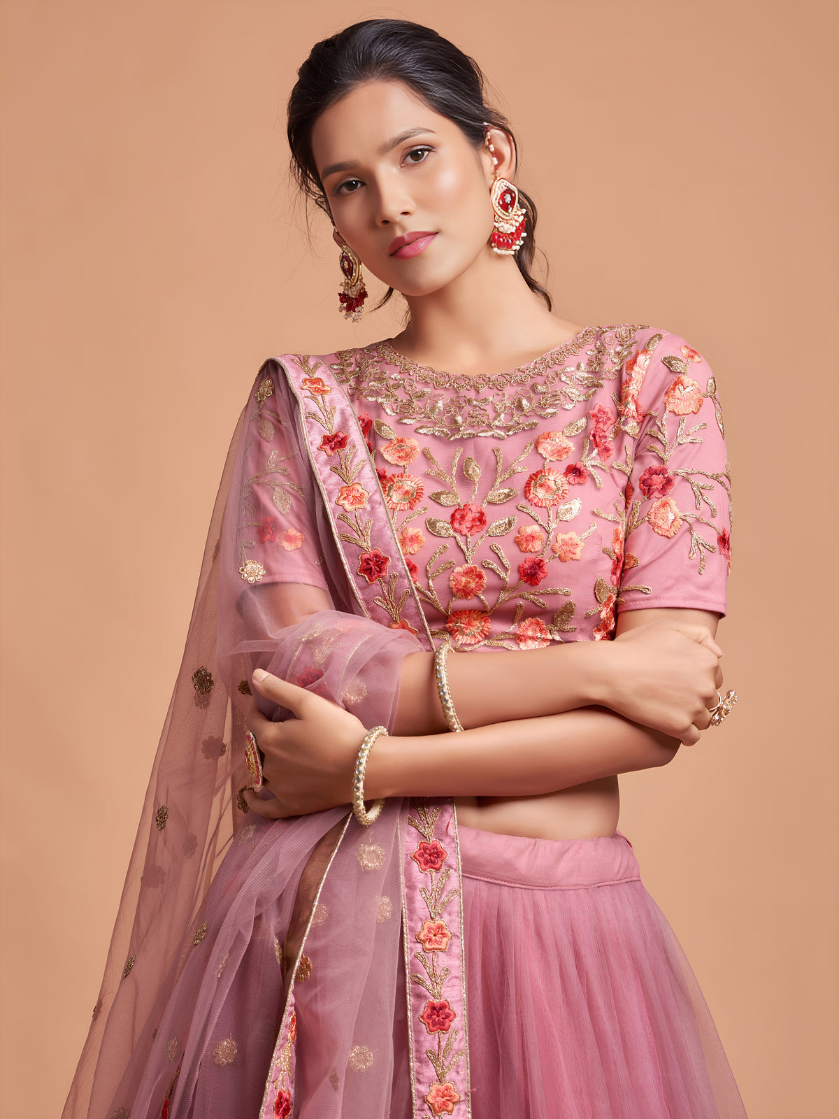 Dusty Rose Pink Floral Embroidered Lehenga Choli with Dupatta