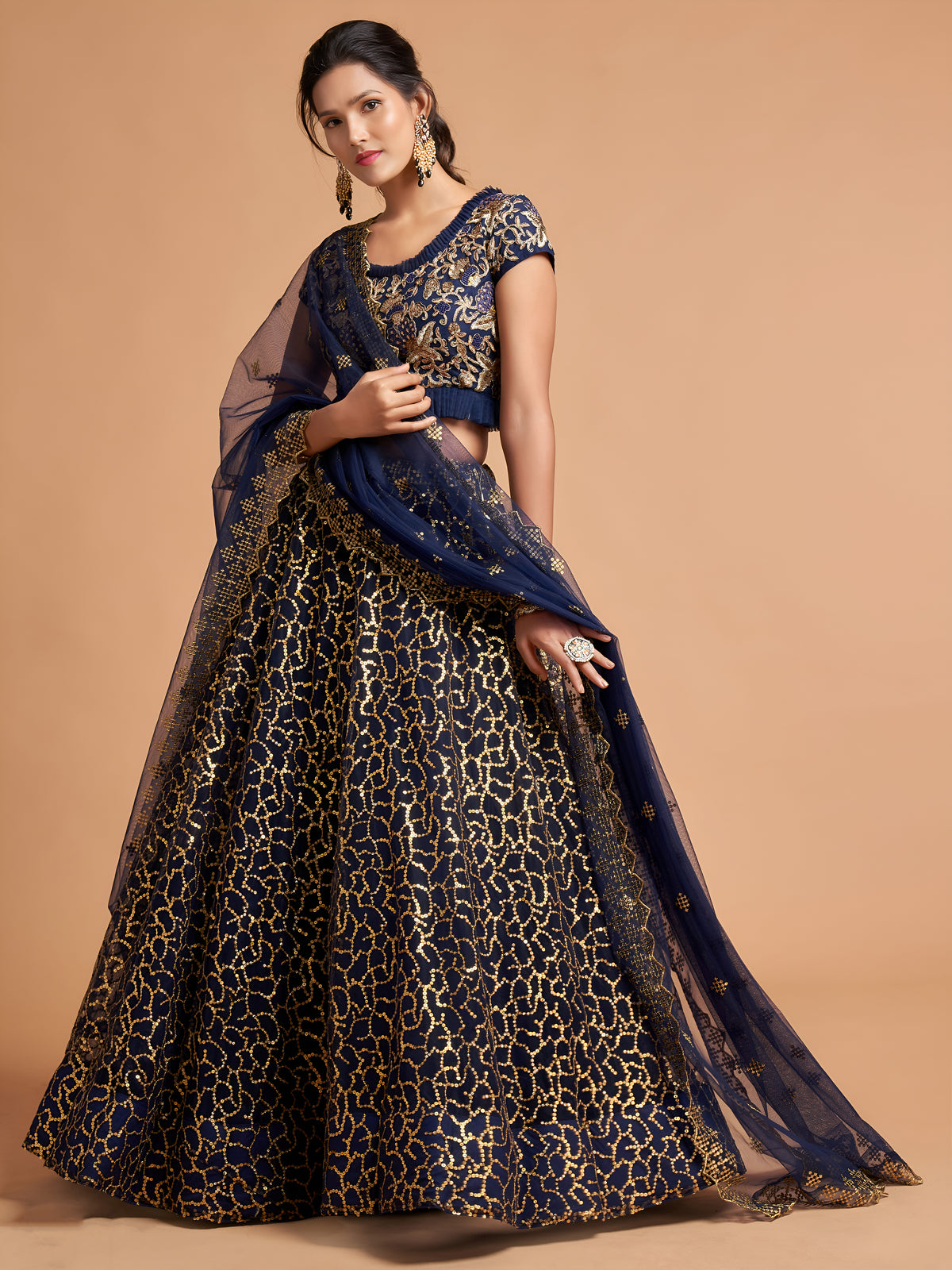 Navy Blue and Gold Embroidered Lehenga Choli with Dupatta