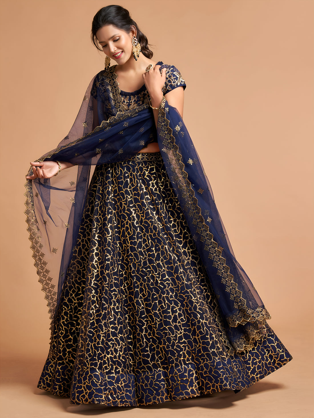 Navy Blue and Gold Embroidered Lehenga Choli with Dupatta