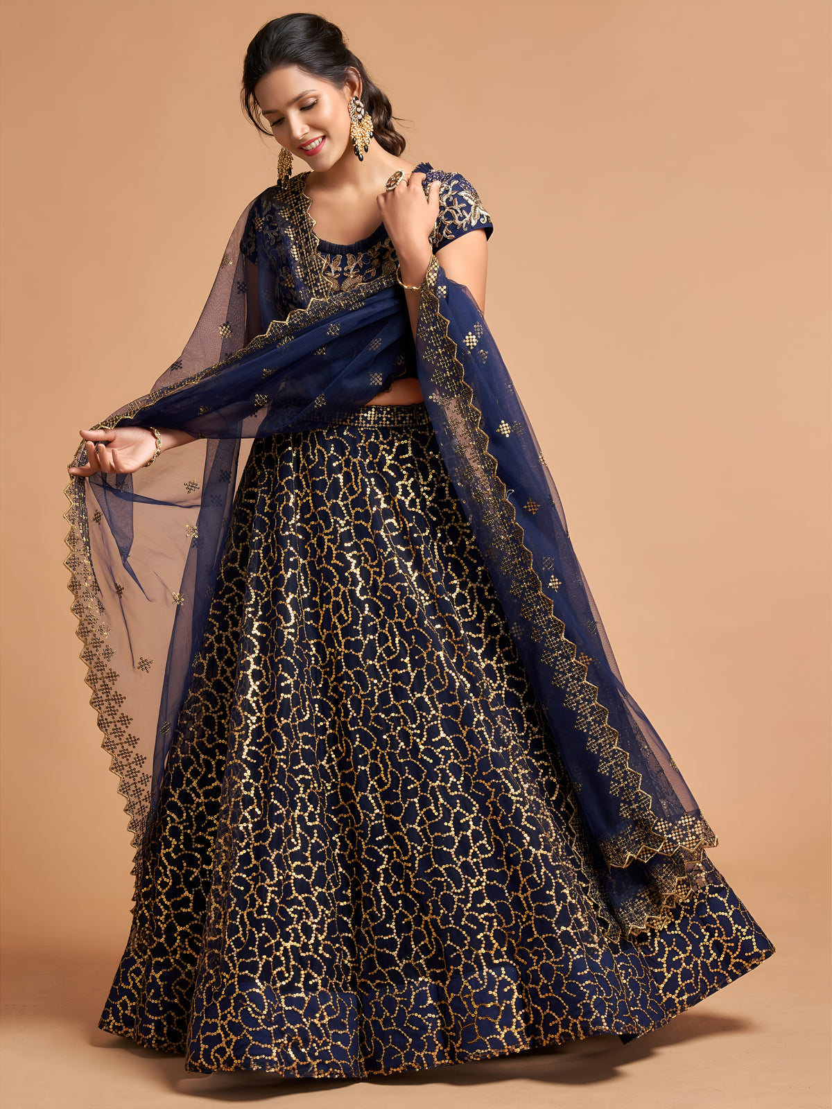 Navy Blue and Gold Embroidered Lehenga Choli with Dupatta