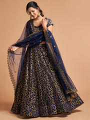 Navy Blue and Gold Embroidered Lehenga Choli with Dupatta