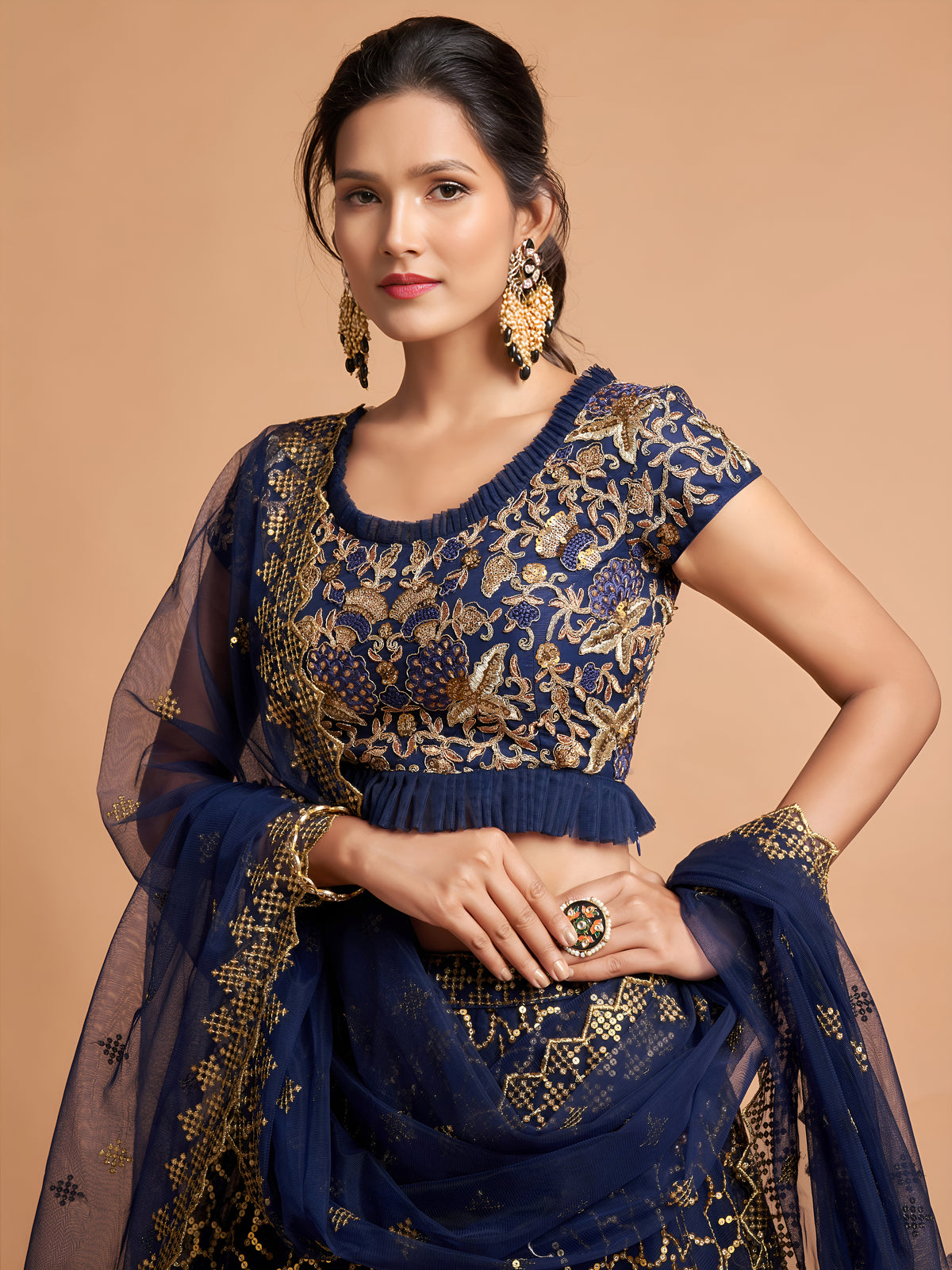 Navy Blue and Gold Embroidered Lehenga Choli with Dupatta
