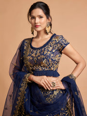 Navy Blue and Gold Embroidered Lehenga Choli with Dupatta