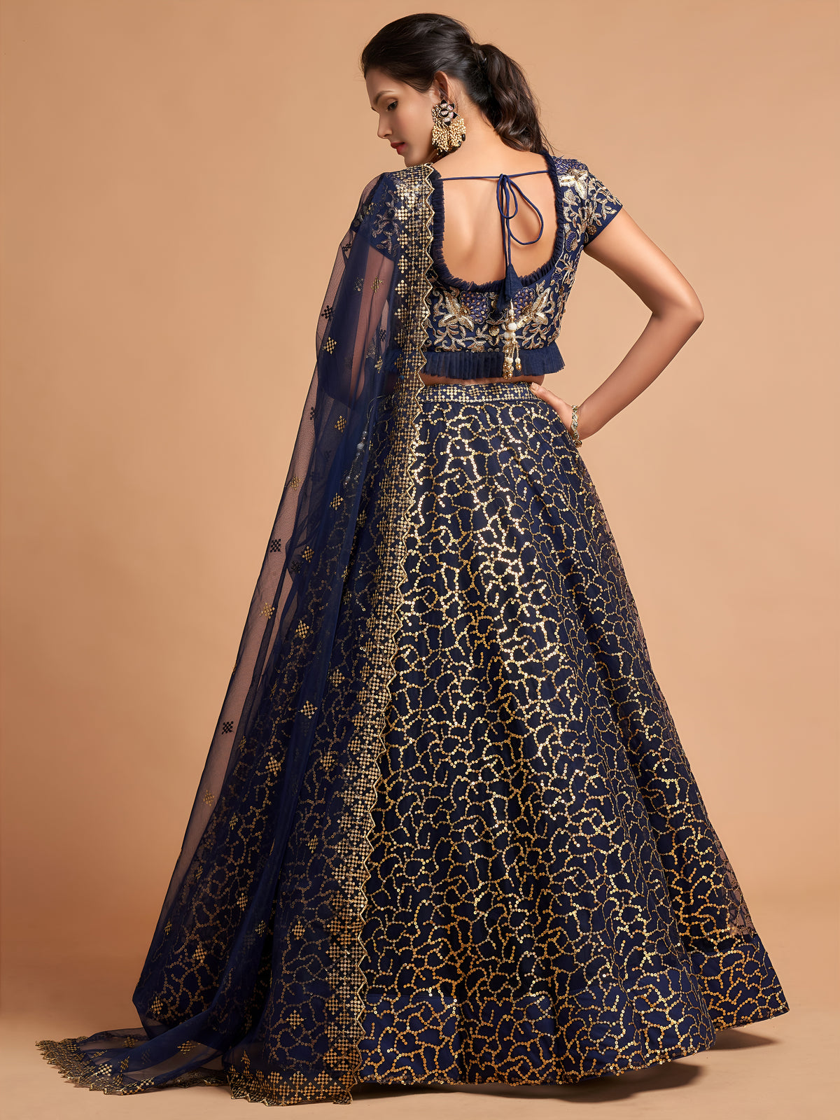 Navy Blue and Gold Embroidered Lehenga Choli with Dupatta