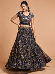 Navy Blue and Gold Embroidered Lehenga Choli with Dupatta