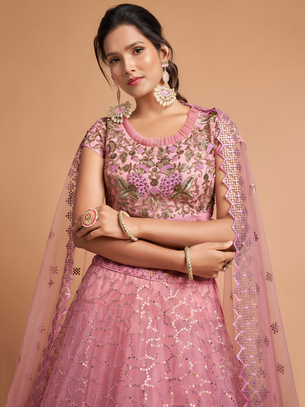 Dusty Pink Sequin Embroidered Lehenga Choli with Dupatta