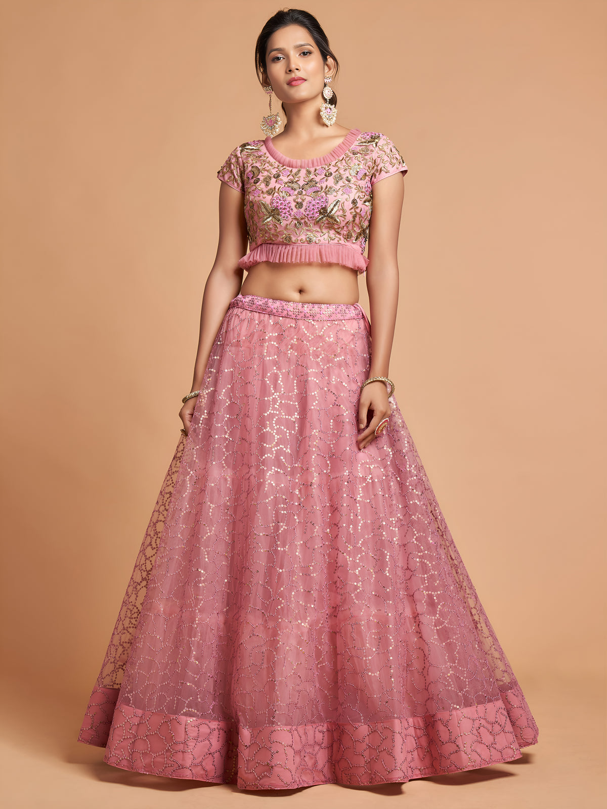 Dusty Pink Sequin Embroidered Lehenga Choli with Dupatta