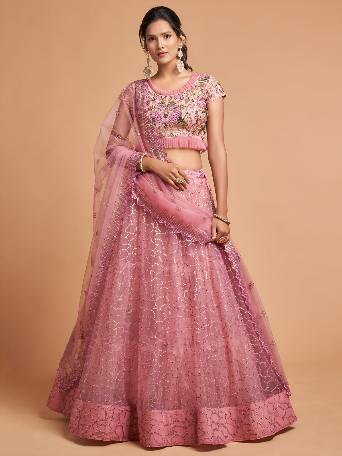 Dusty Pink Sequin Embroidered Lehenga Choli with Dupatta
