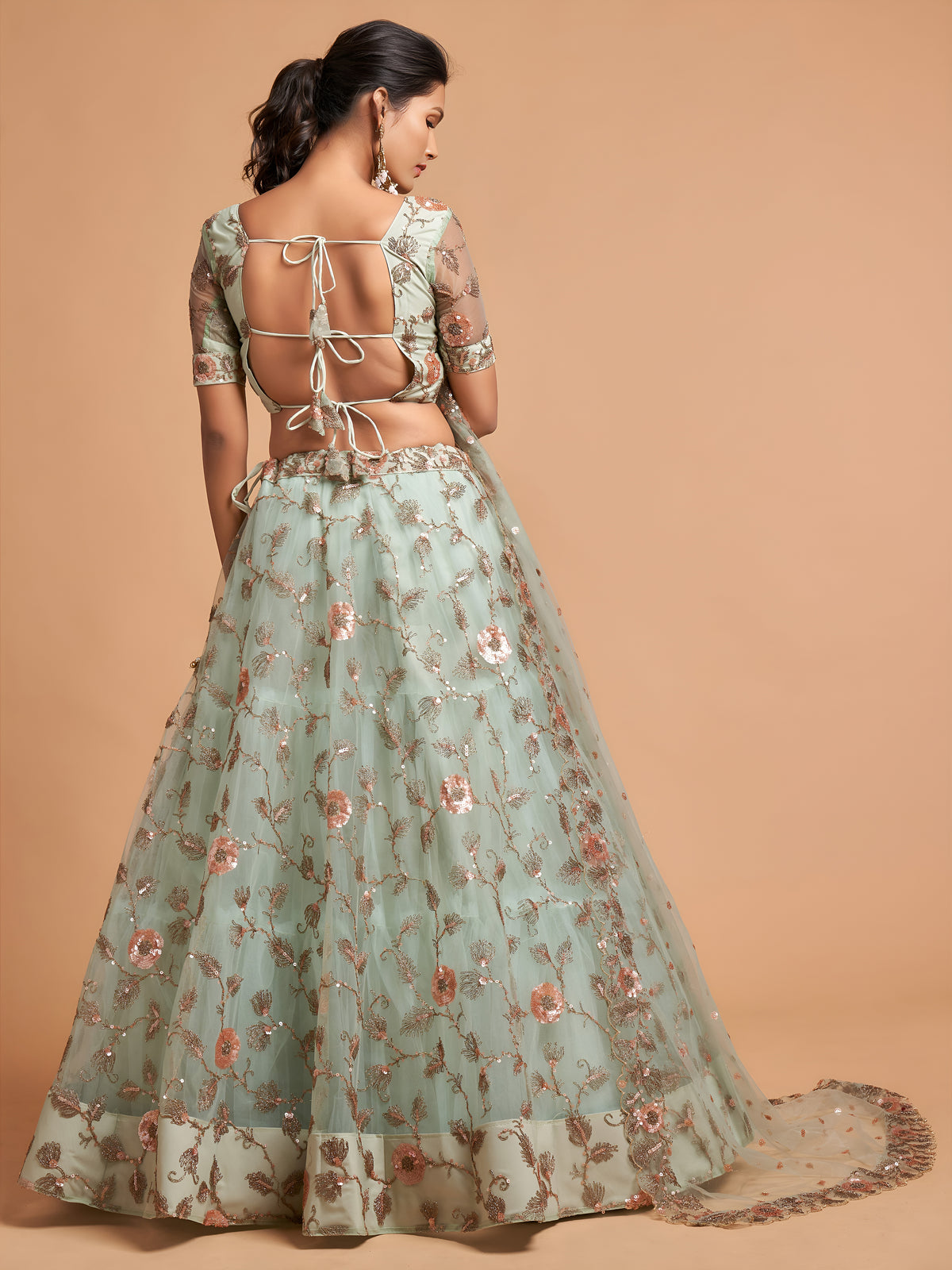 Pastel Mint Green Floral Embroidered Lehenga Choli with Dupatta