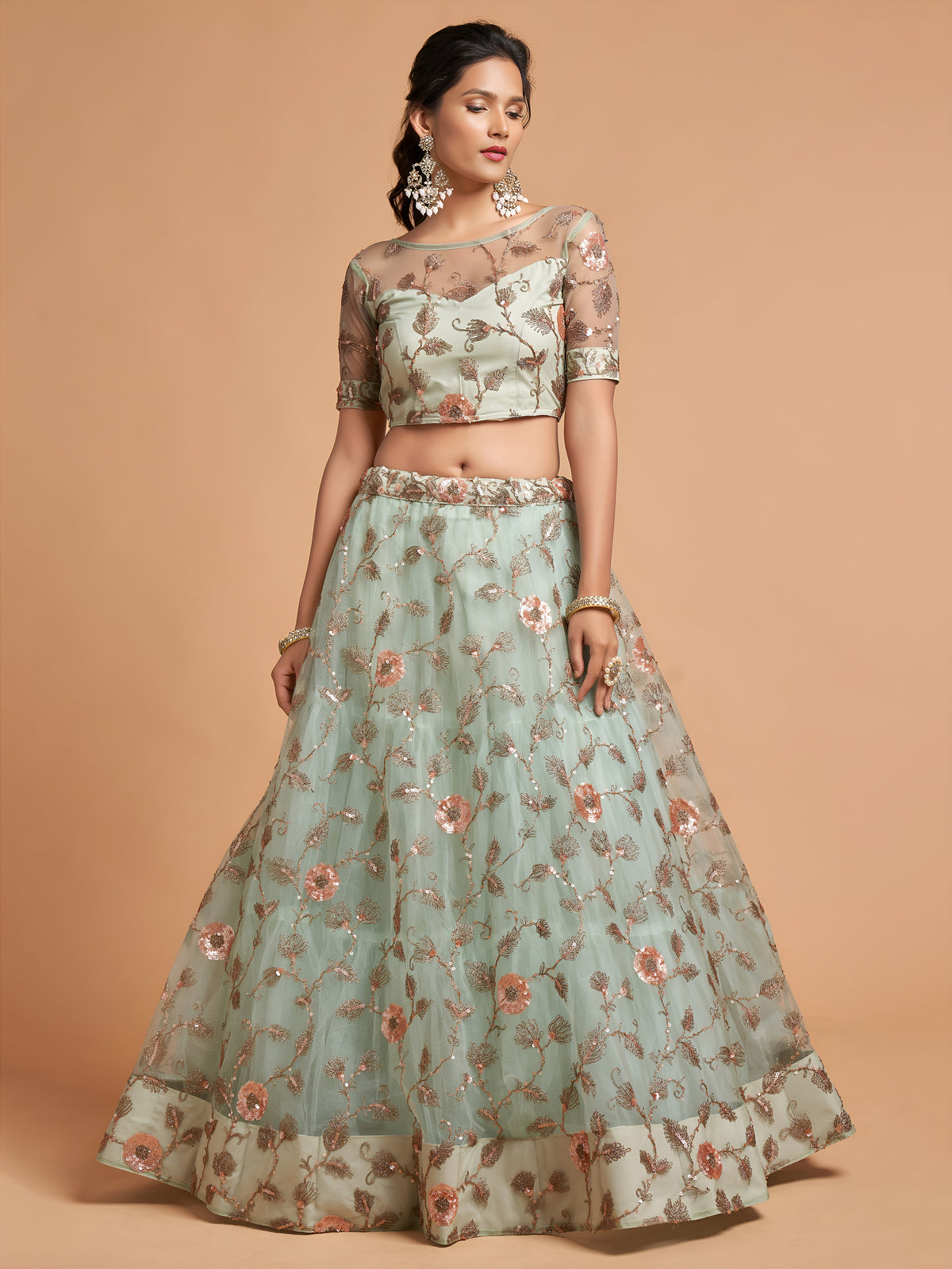Pastel Mint Green Floral Embroidered Lehenga Choli with Dupatta