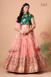 Peach Pink Embroidered Lehenga Choli with Emerald Green Blouse