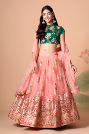 Peach Pink Embroidered Lehenga Choli with Emerald Green Blouse