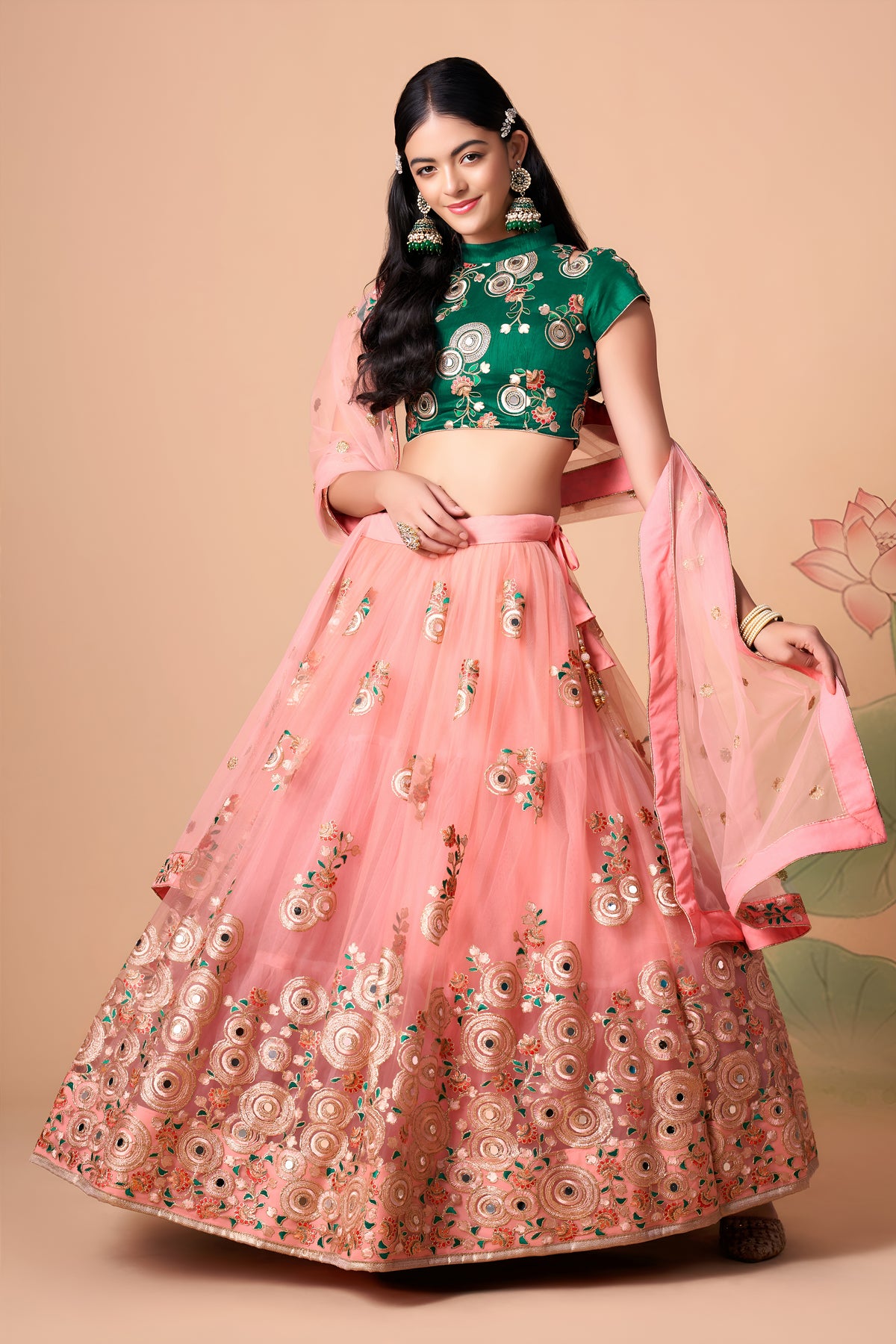 Peach Pink Embroidered Lehenga Choli with Emerald Green Blouse