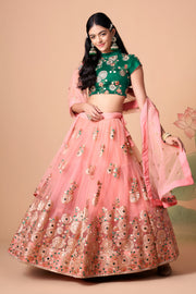 Peach Pink Embroidered Lehenga Choli with Emerald Green Blouse