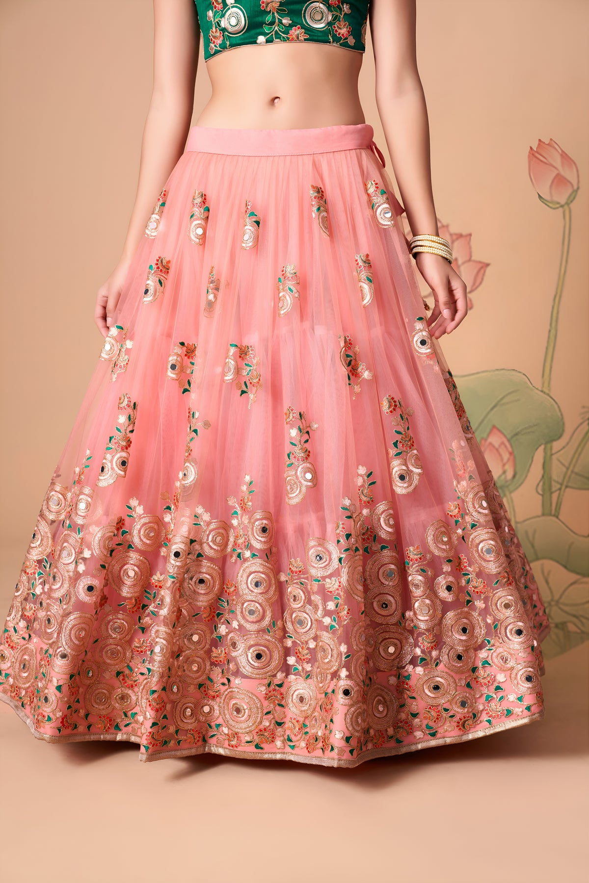 Peach Pink Embroidered Lehenga Choli with Emerald Green Blouse
