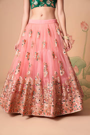 Peach Pink Embroidered Lehenga Choli with Emerald Green Blouse