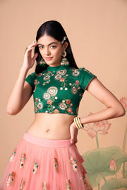 Peach Pink Embroidered Lehenga Choli with Emerald Green Blouse