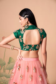 Peach Pink Embroidered Lehenga Choli with Emerald Green Blouse