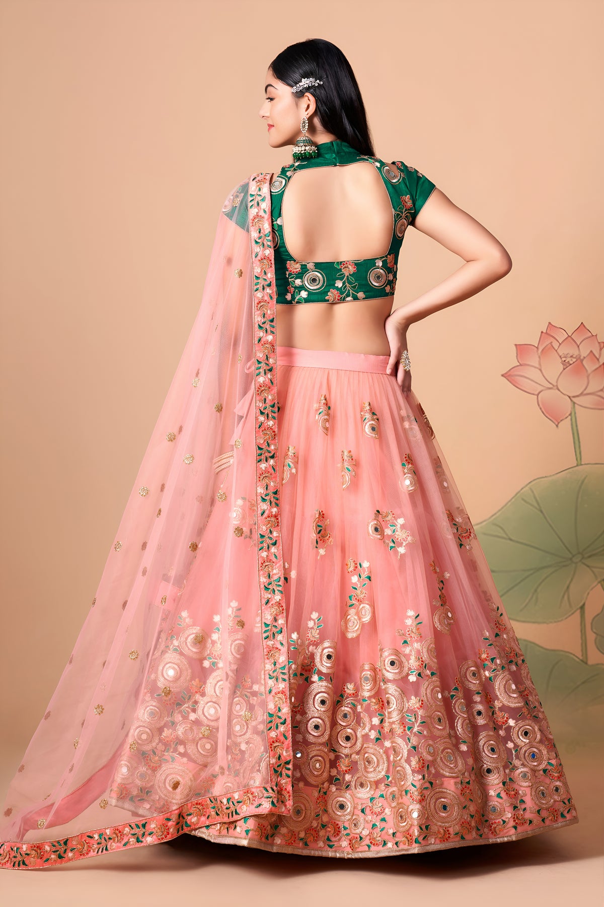 Peach Pink Embroidered Lehenga Choli with Emerald Green Blouse