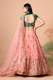 Peach Pink Embroidered Lehenga Choli with Emerald Green Blouse