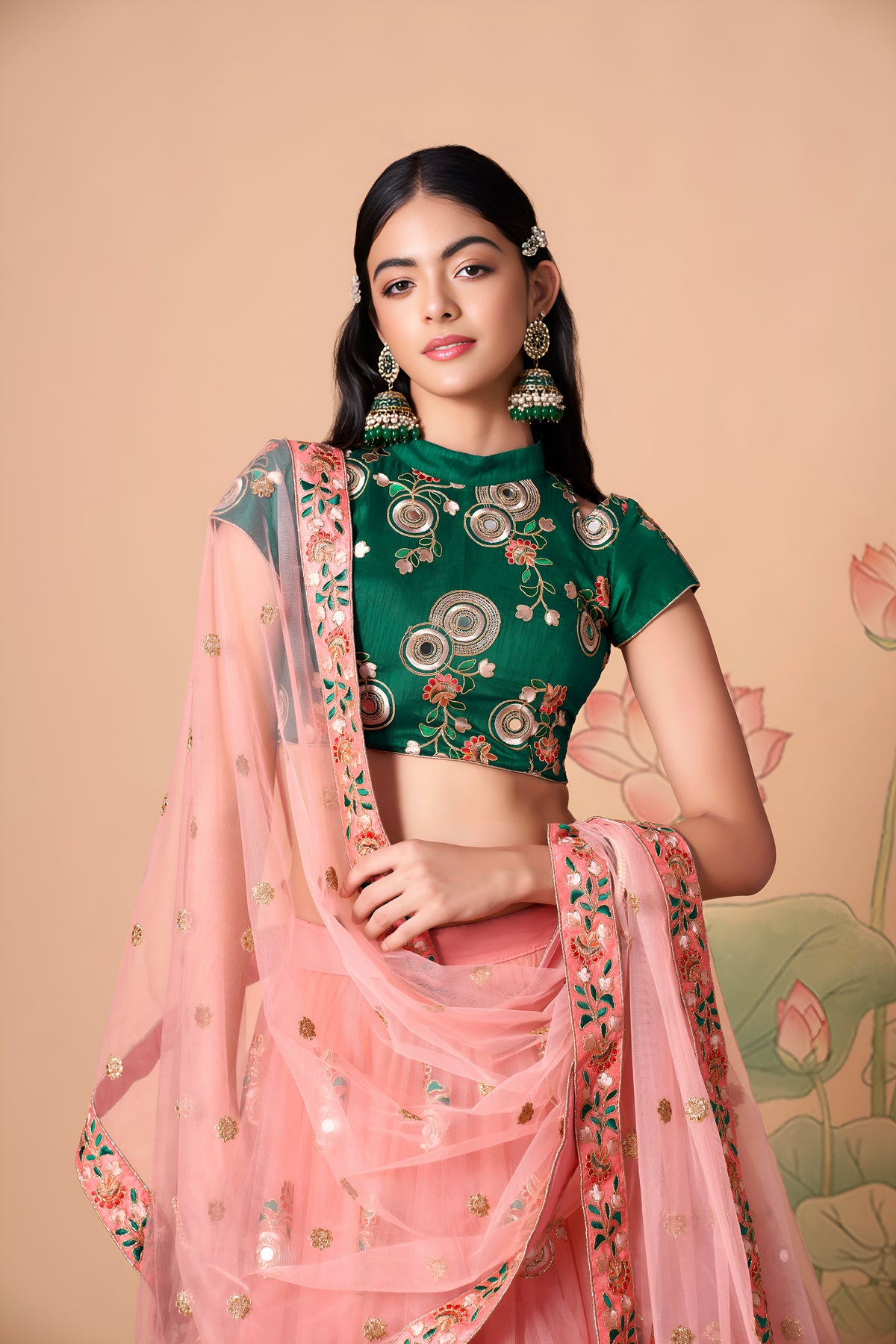 Peach Pink Embroidered Lehenga Choli with Emerald Green Blouse