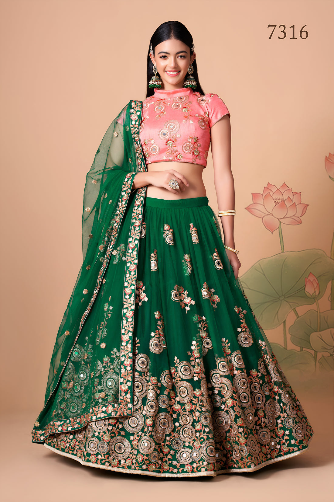 Emerald Green and Pink Embroidered Lehenga Choli with Matching Dupatta