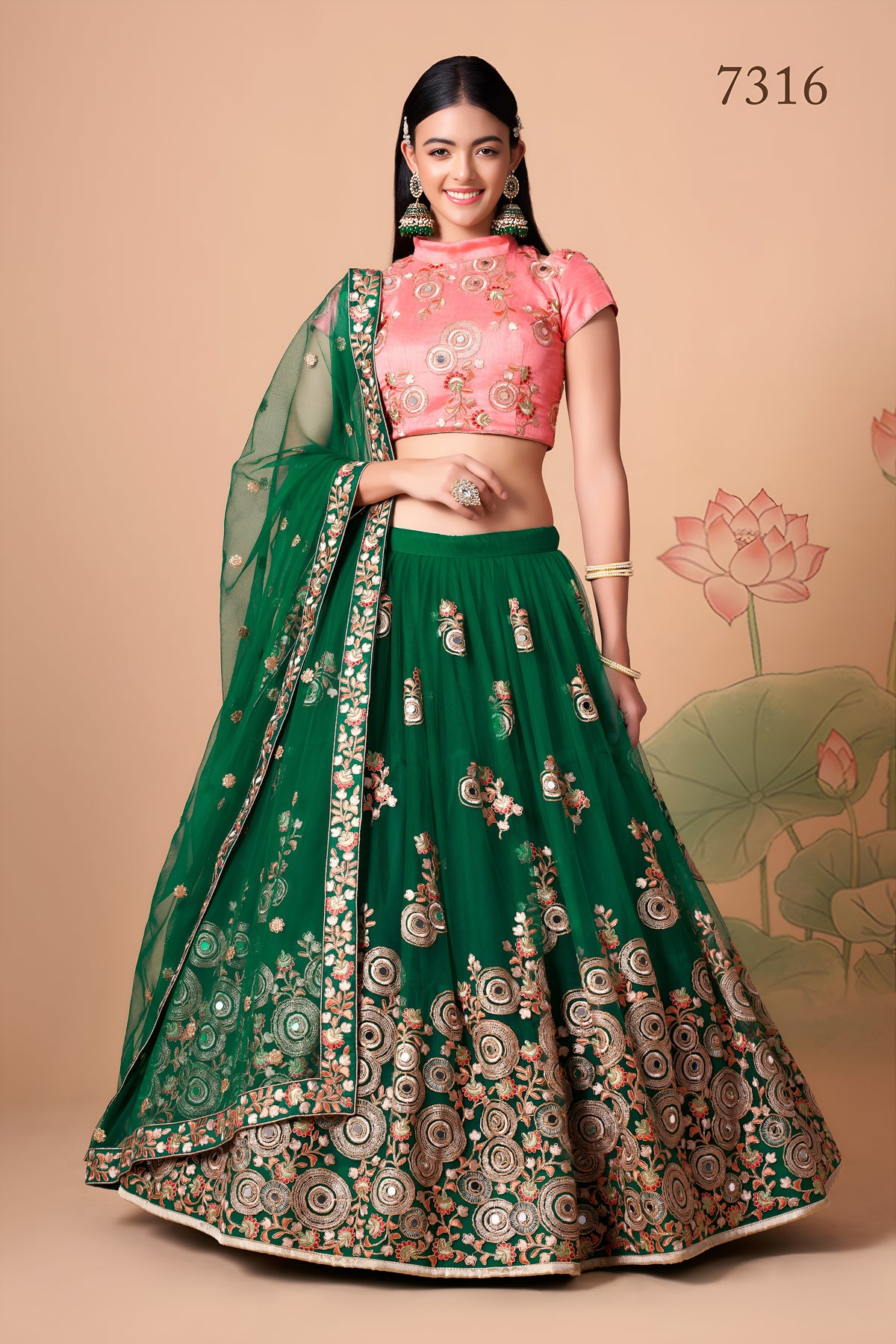 Emerald Green and Pink Embroidered Lehenga Choli with Matching Dupatta