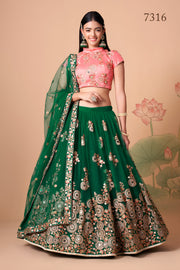 Emerald Green and Pink Embroidered Lehenga Choli with Matching Dupatta