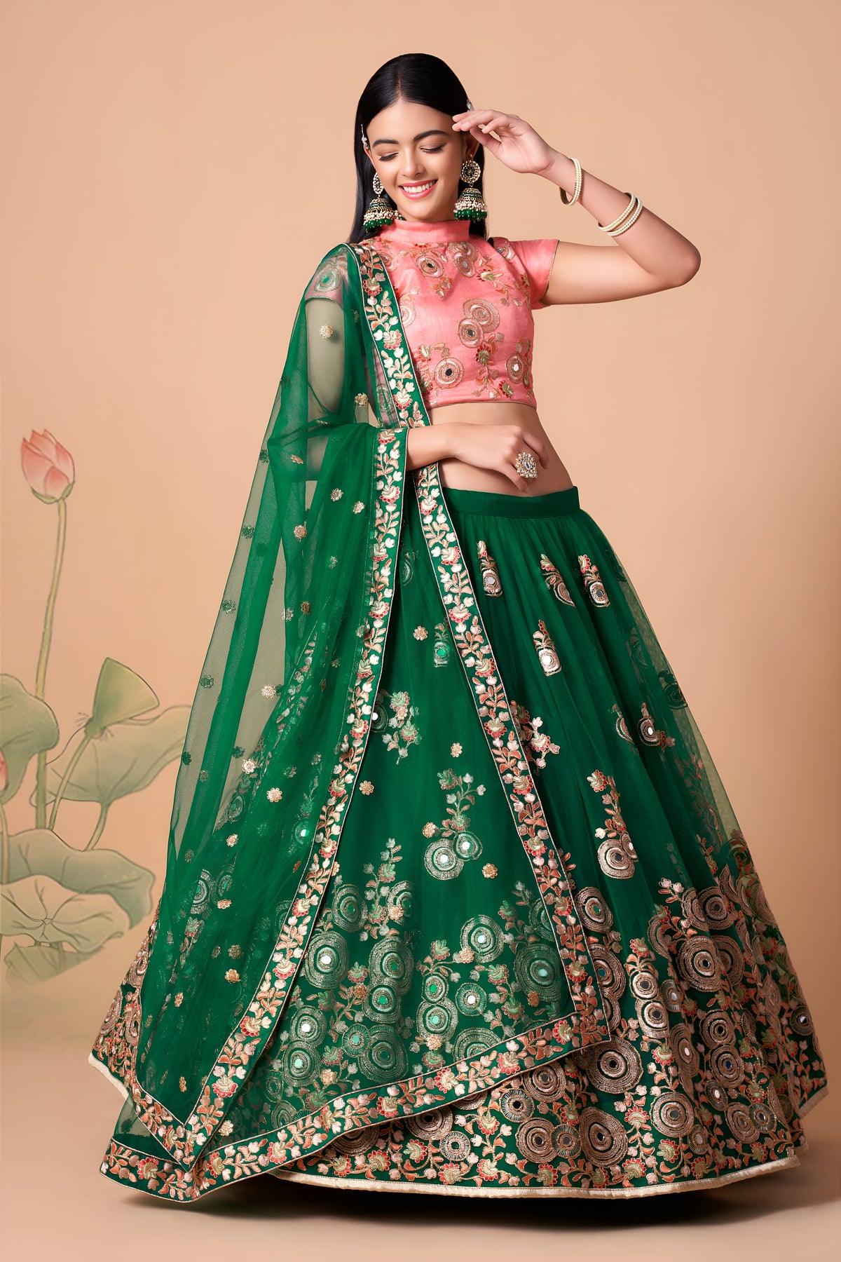Emerald Green and Pink Embroidered Lehenga Choli with Matching Dupatta