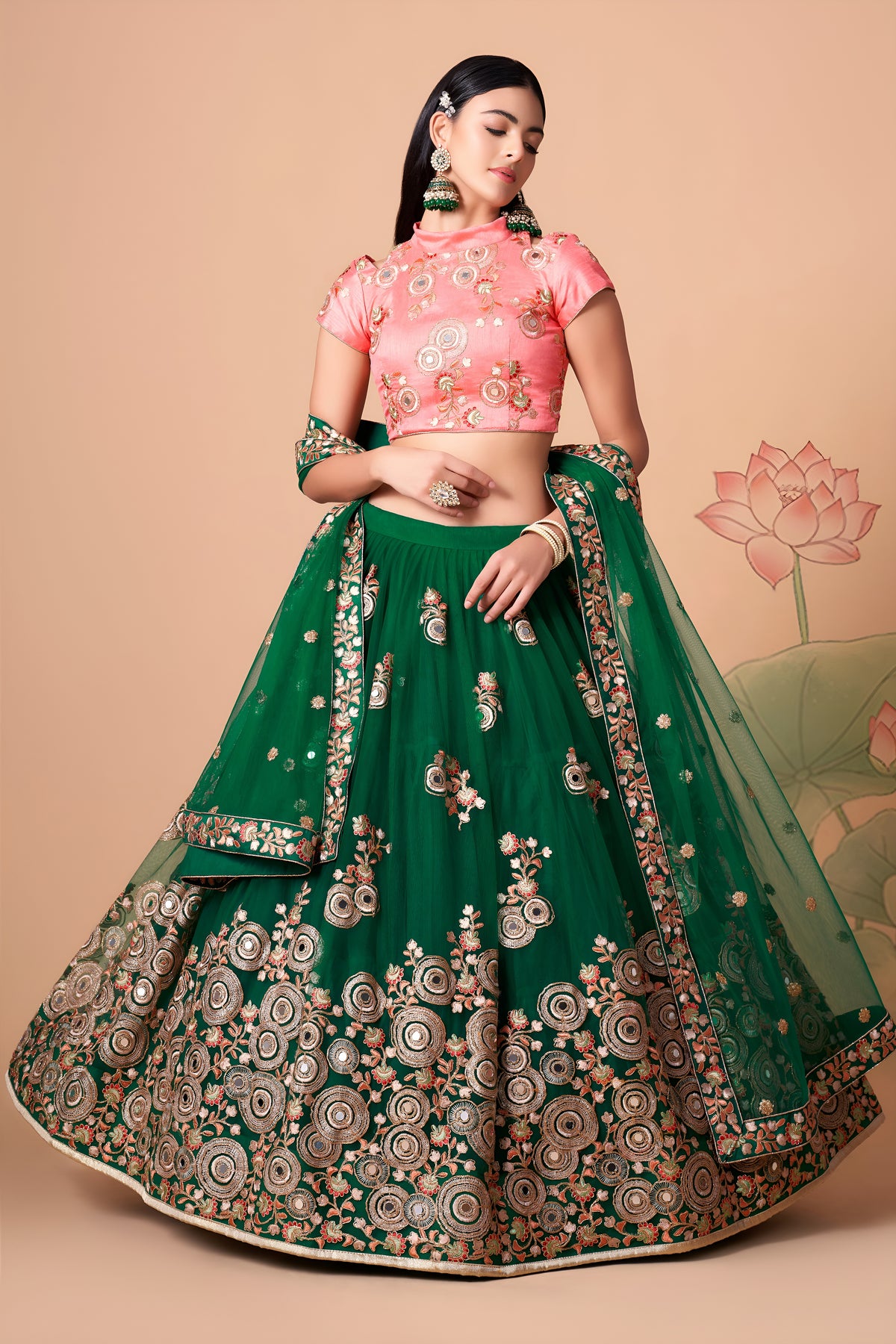 Emerald Green and Pink Embroidered Lehenga Choli with Matching Dupatta