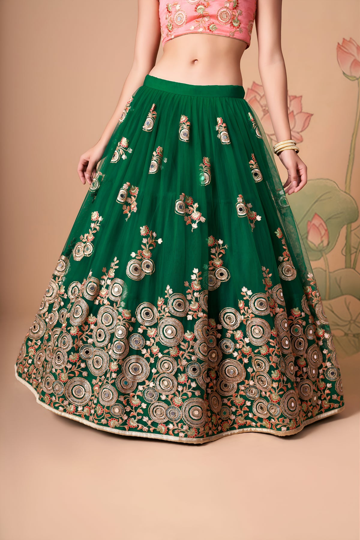 Emerald Green and Pink Embroidered Lehenga Choli with Matching Dupatta