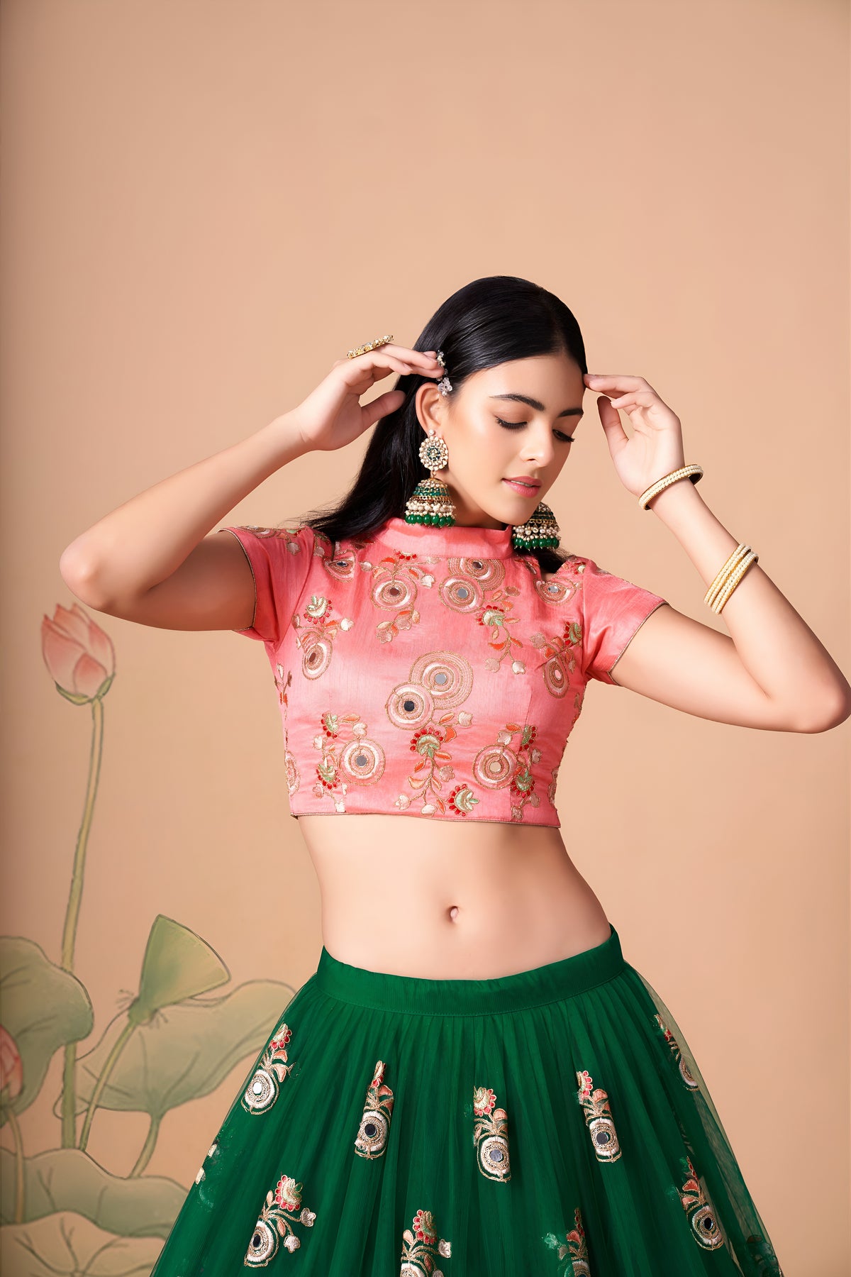 Emerald Green and Pink Embroidered Lehenga Choli with Matching Dupatta