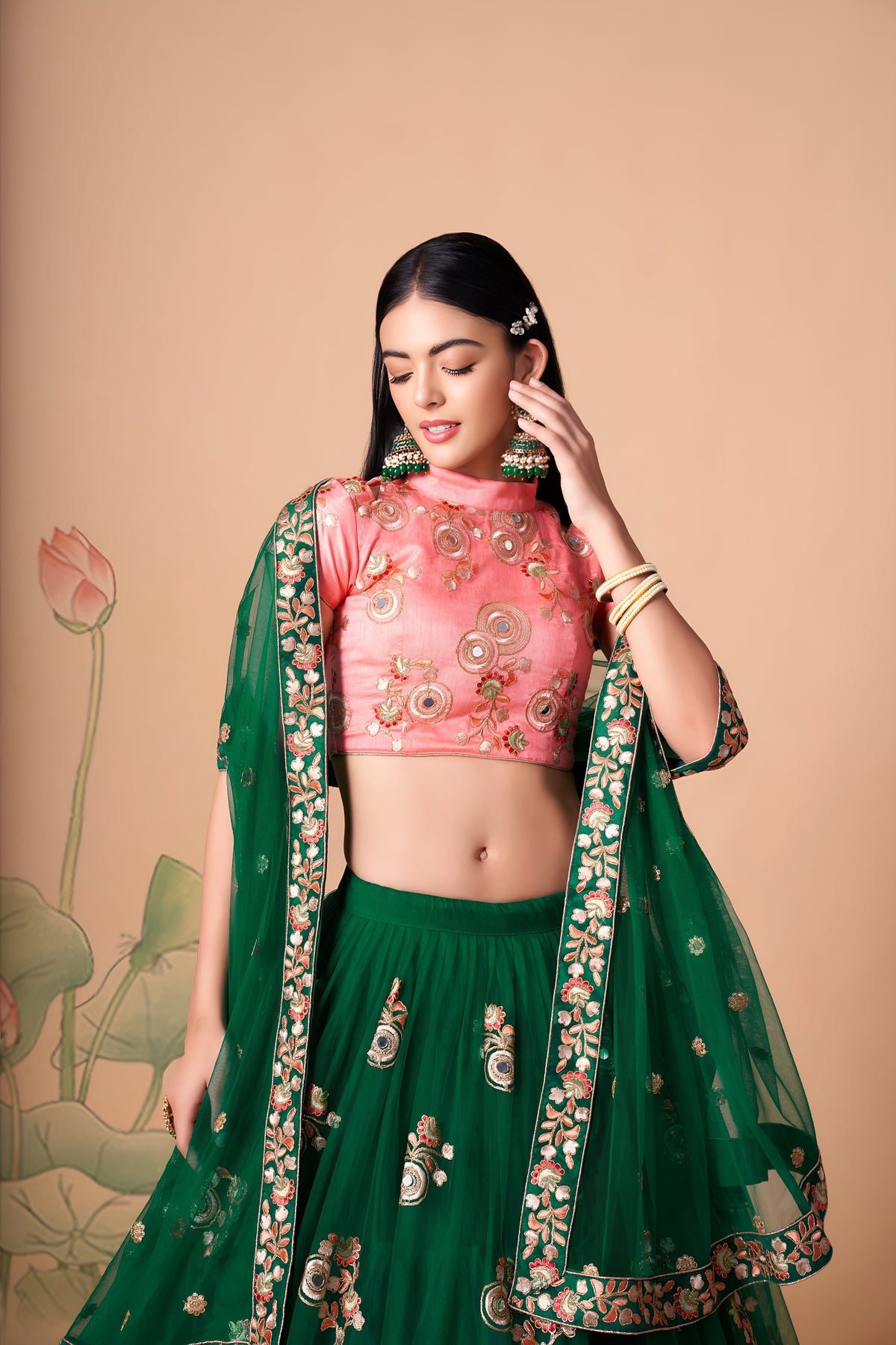 Emerald Green and Pink Embroidered Lehenga Choli with Matching Dupatta