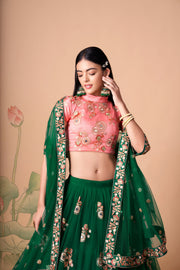 Emerald Green and Pink Embroidered Lehenga Choli with Matching Dupatta