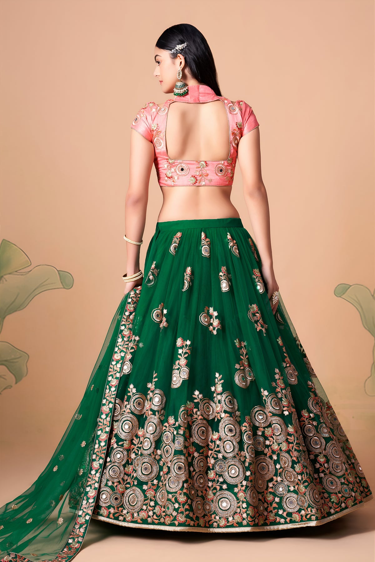 Emerald Green and Pink Embroidered Lehenga Choli with Matching Dupatta