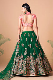 Emerald Green and Pink Embroidered Lehenga Choli with Matching Dupatta