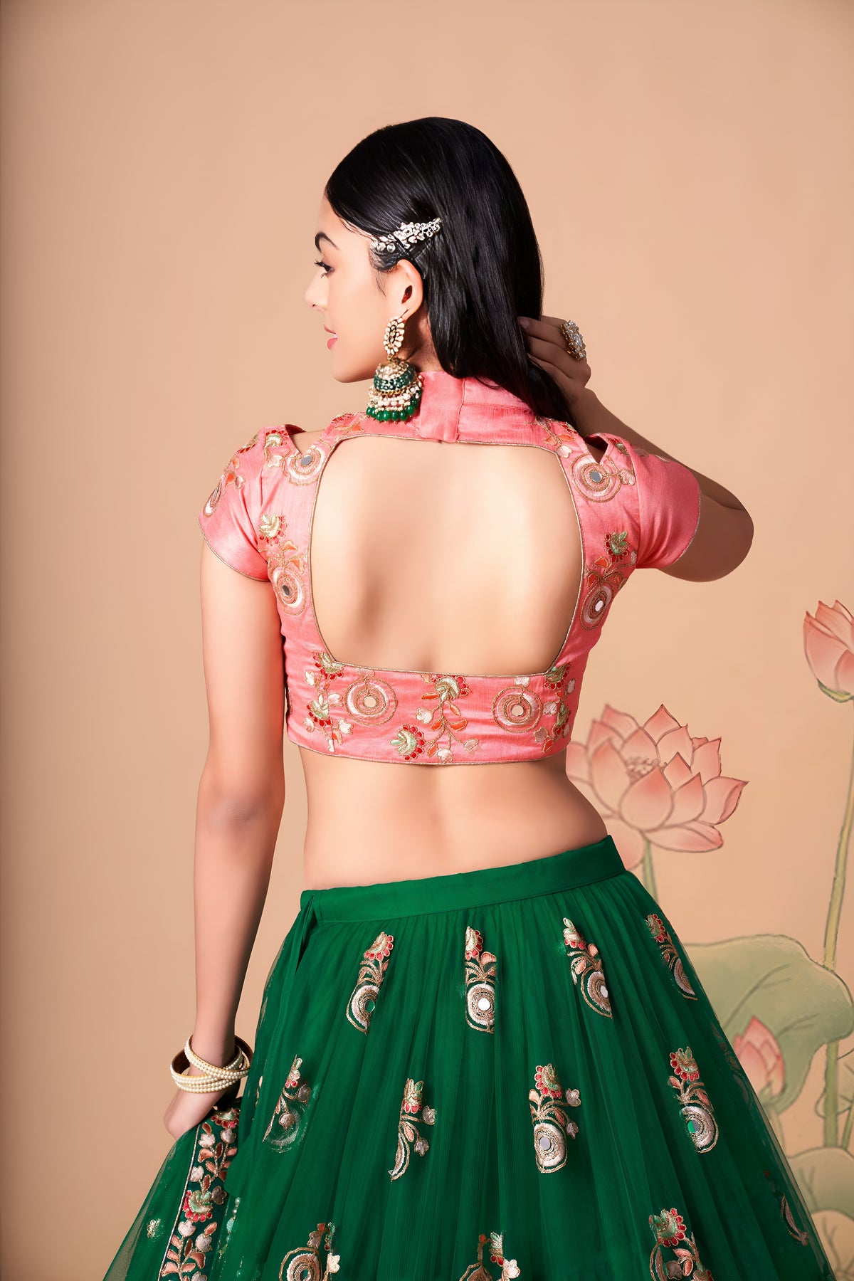 Emerald Green and Pink Embroidered Lehenga Choli with Matching Dupatta