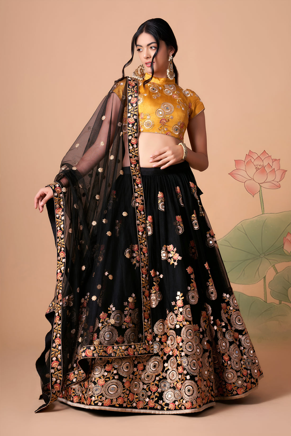 Black and Mustard Yellow Embroidered Lehenga Choli with Floral Dupatta