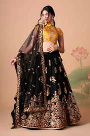 Black and Mustard Yellow Embroidered Lehenga Choli with Floral Dupatta
