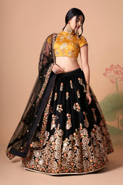 Black and Mustard Yellow Embroidered Lehenga Choli with Floral Dupatta