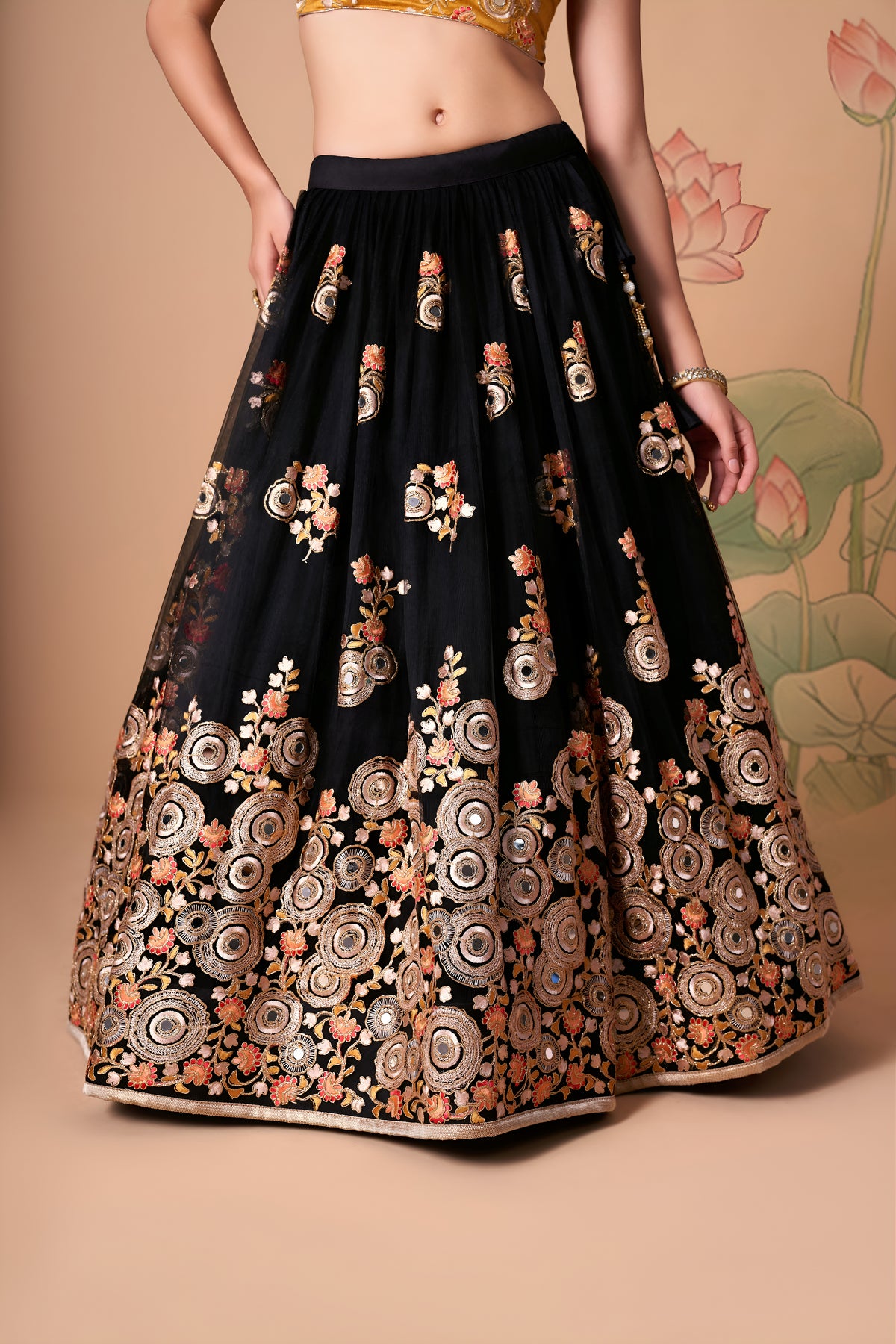 Black and Mustard Yellow Embroidered Lehenga Choli with Floral Dupatta