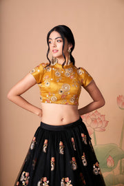 Black and Mustard Yellow Embroidered Lehenga Choli with Floral Dupatta
