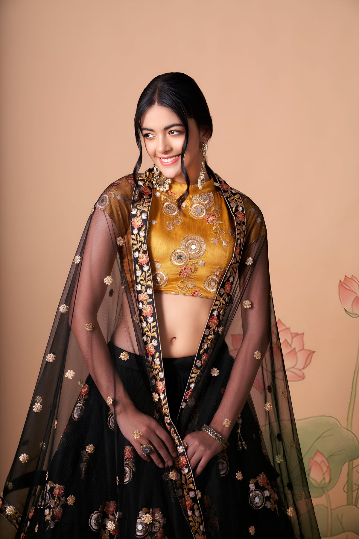 Black and Mustard Yellow Embroidered Lehenga Choli with Floral Dupatta