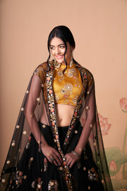 Black and Mustard Yellow Embroidered Lehenga Choli with Floral Dupatta